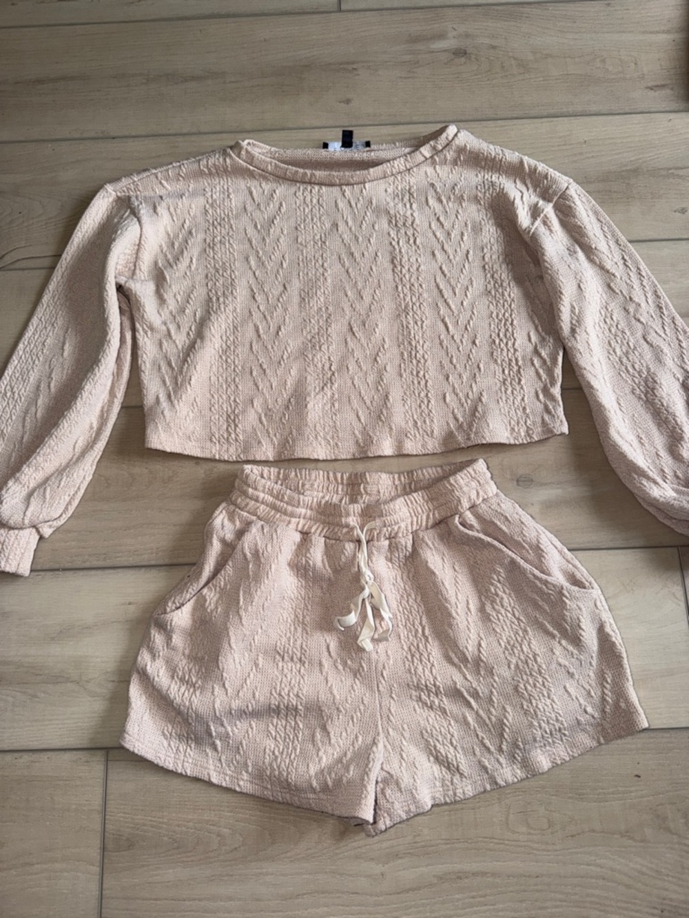Fore Cozy Knit Cropped Top and Shorts Pajama Loungewear Set - Blush Pink Small